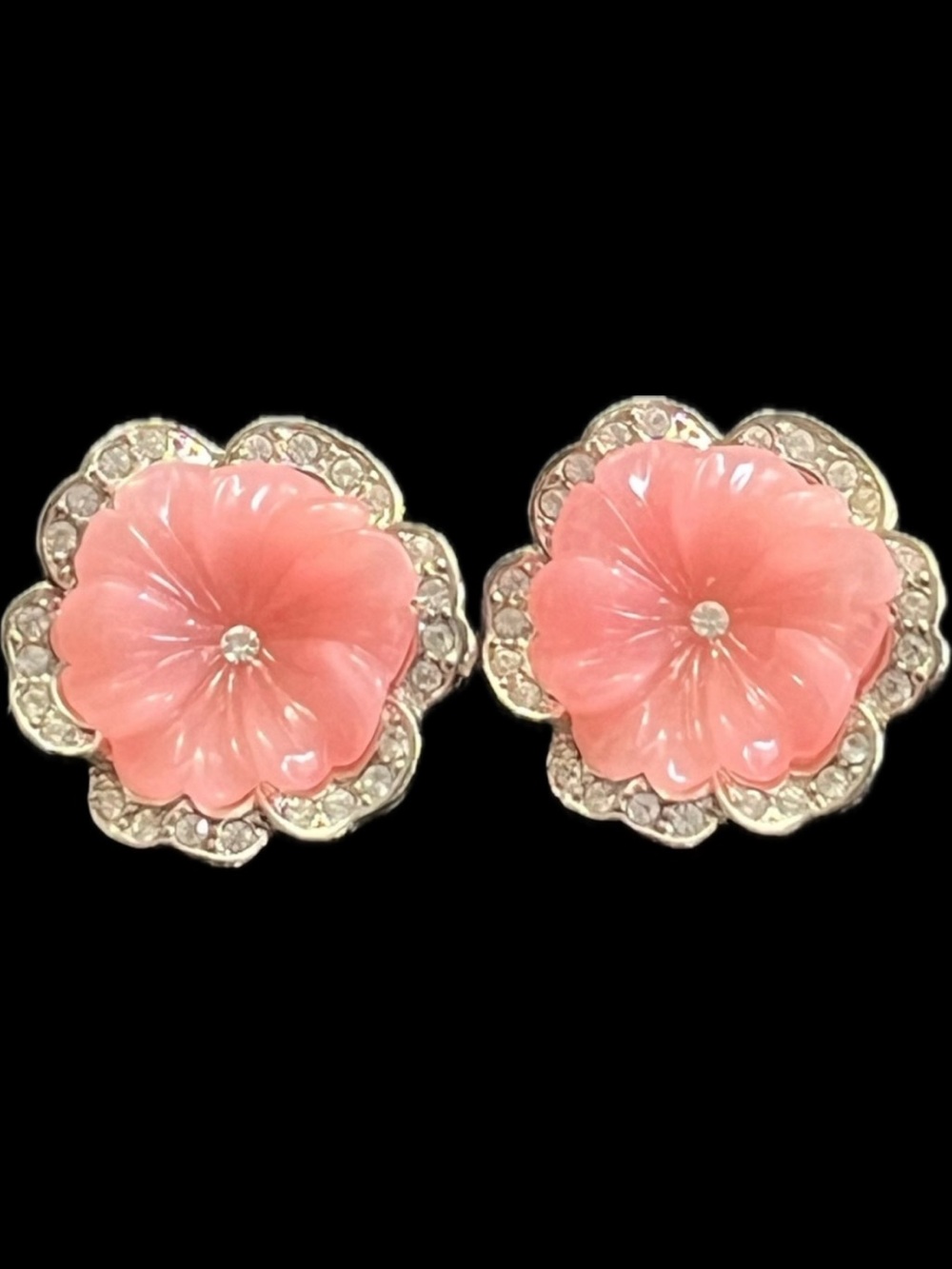 Kenneth Jay Lane KJL Vintage Pearl coral crystal pink flower floral earrings QVC